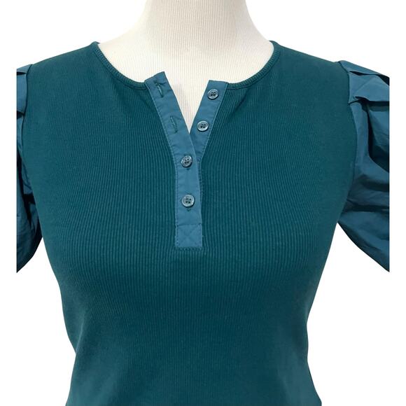 English Factory Top Puff Sleeve Henley Blouse Teal Blue Stretch Knit Size Small - Picture 5 of 10